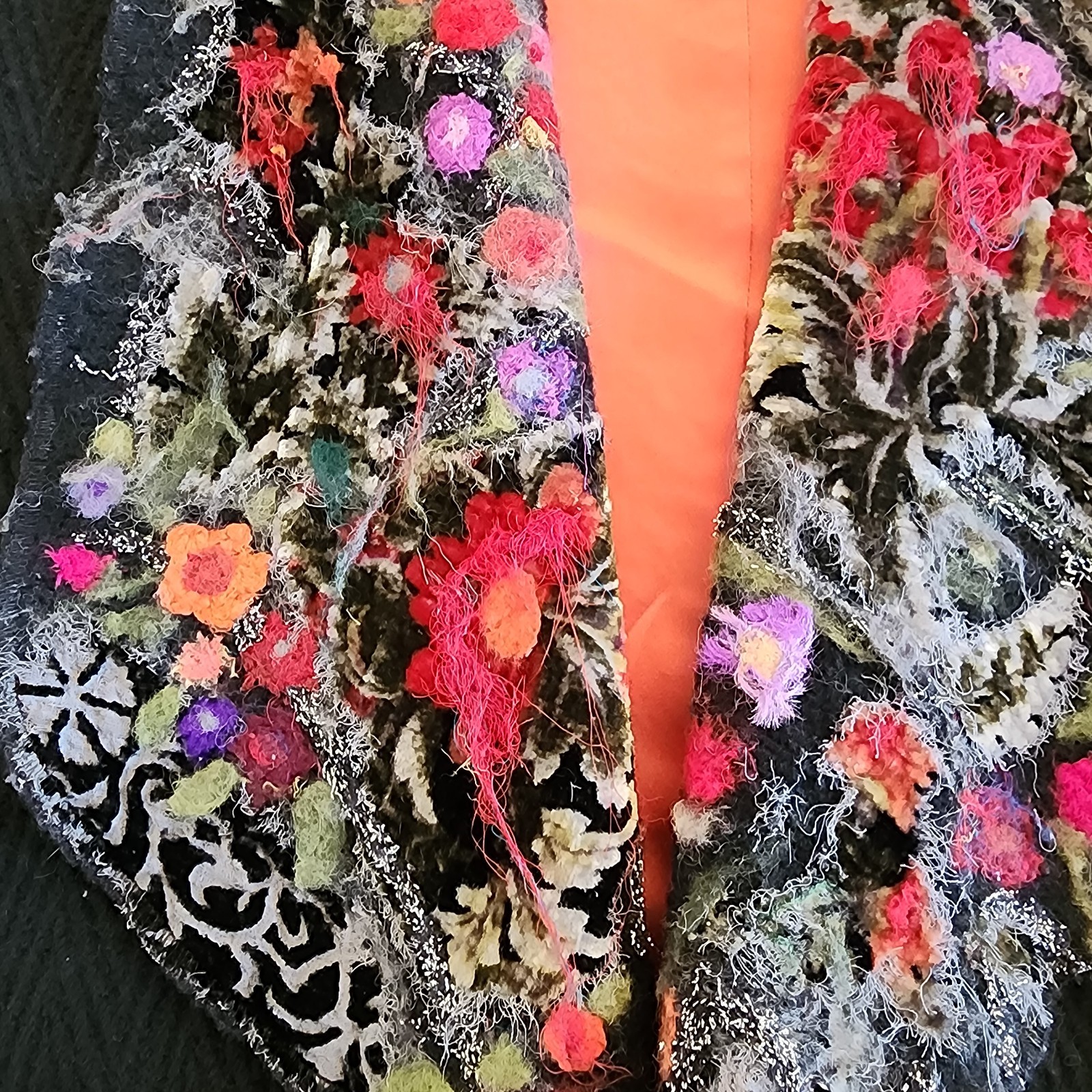Vintage Hand Made Wool Jacket Satin Lined Velvet Felted Floral Art Lapel XL
