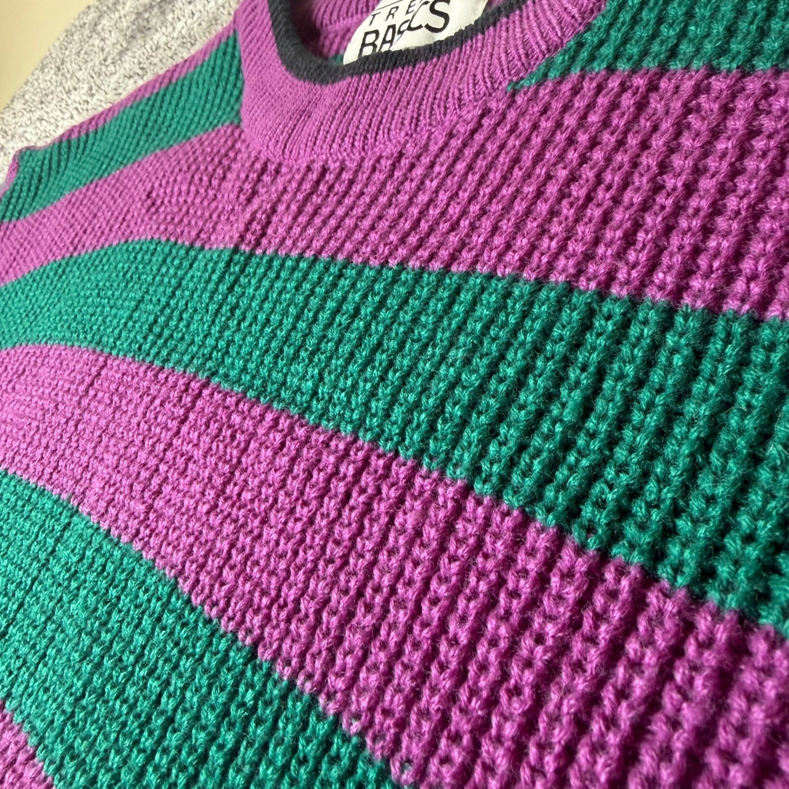 Vintage Trend Basics Purple Green Striped Knit Sweater Womens Large Acrylic Crew