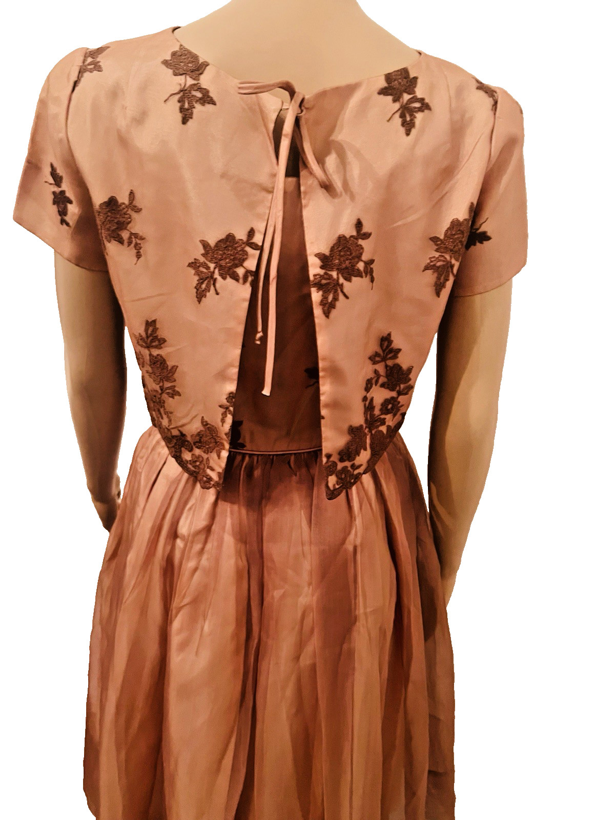 VTG 50s Nina 2pc Copper/Brown Cocktail Dress & Jacket Embroidered Floral Lace M*