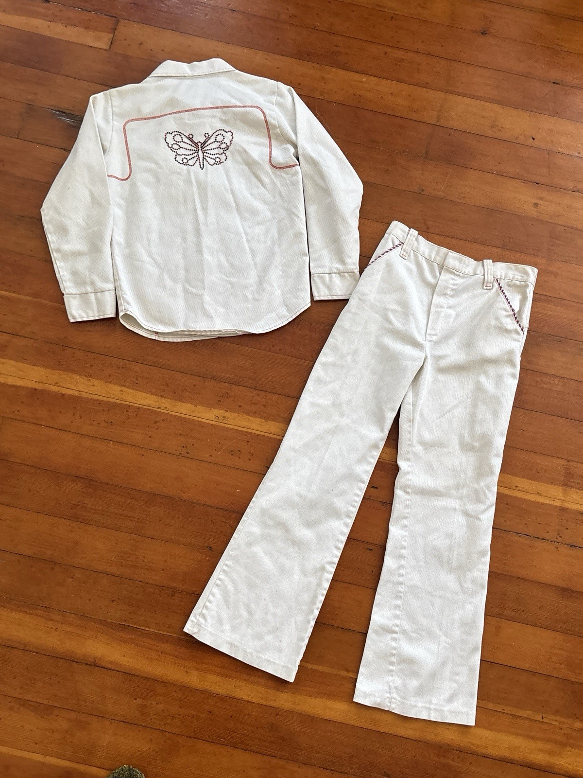 Womens 70s Denim Jacket Bell Bottom Pant Set Embroidered Vintage