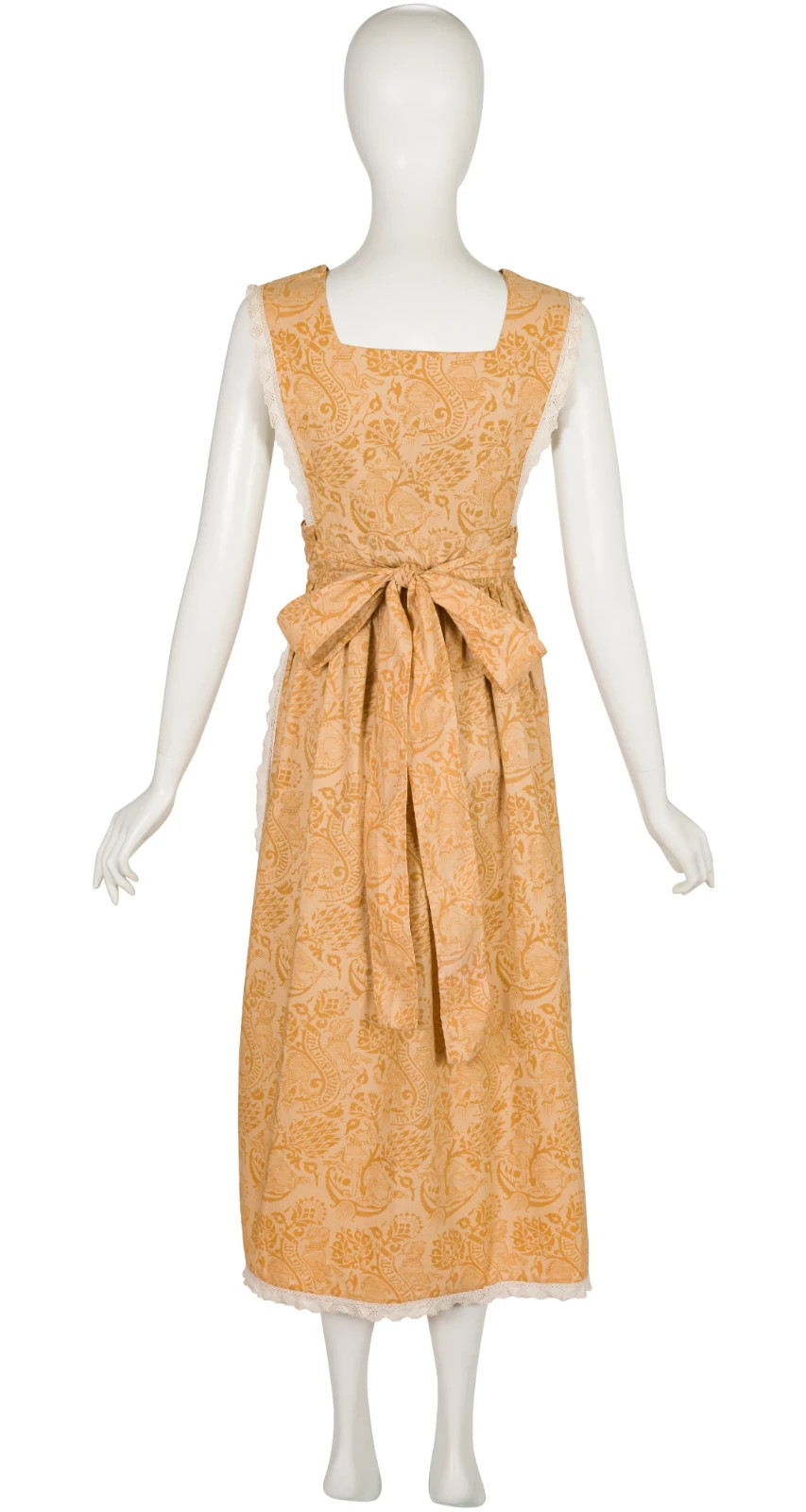 Laura Ashley 1970s Griffin Block Print Cotton Pinafore Apron Vintage Midi Dress