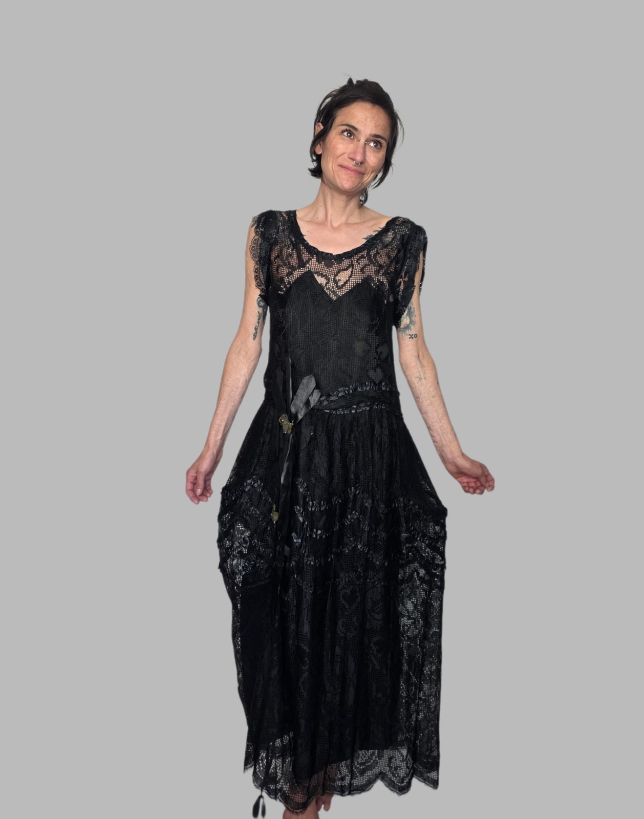 Authentic Edwardian Black Silk Lace Dress | Antique 1910s Drop Waist Gown | Hip