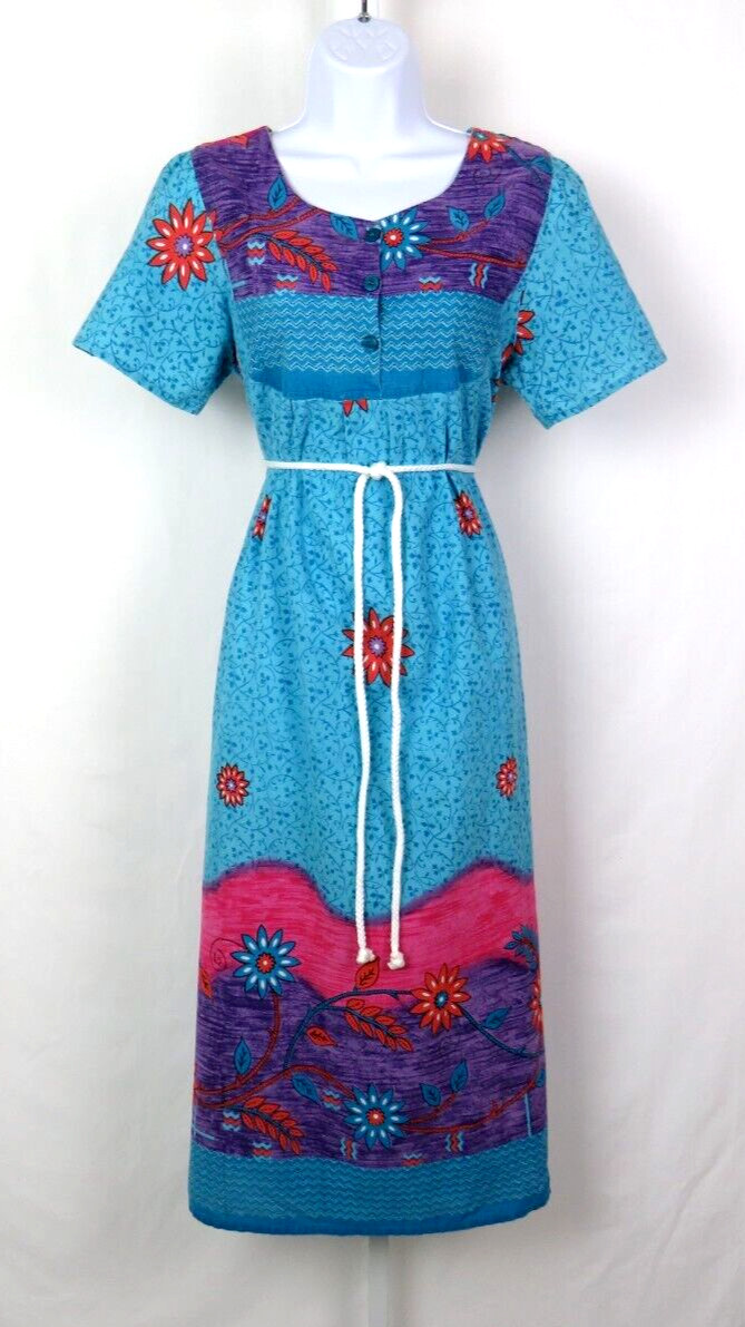 VTG 1970s 80s LARGE COTTON FLORAL HIPPY DRESS DAFFODIL ROPE BELT MADE IN INDIA