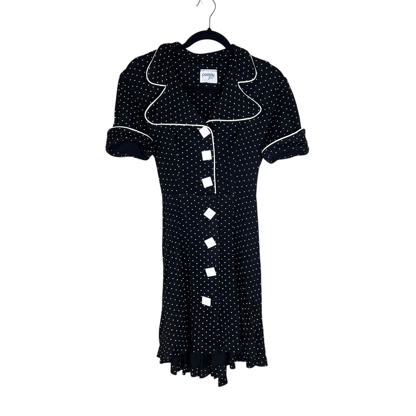 Vintage 70s Pommy Jrs Polka Dot Mini Dress Black White Piping Rockabilly Retro