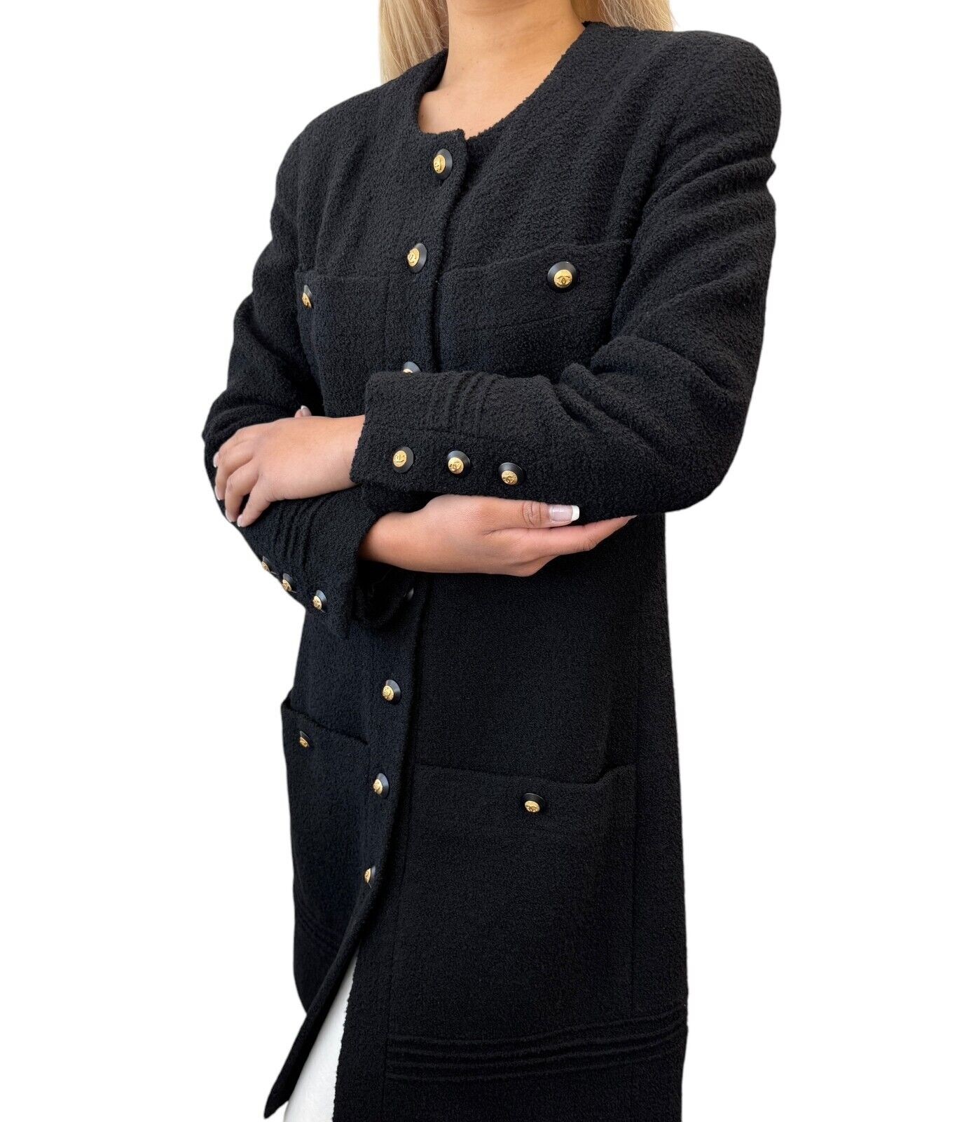 CHANEL Vintage CC Logo Long Tweed Jacket #M Coat Black Gold Wool Silk 105043