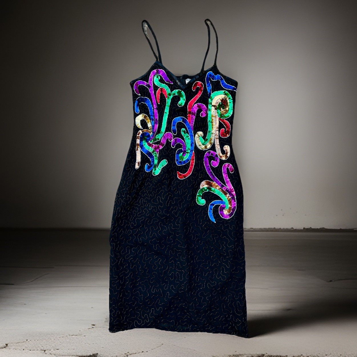 ViTG 80s SWEELO Beaded Silk Slip Dress Multicolor Sequin Swirl Cocktail Party XS