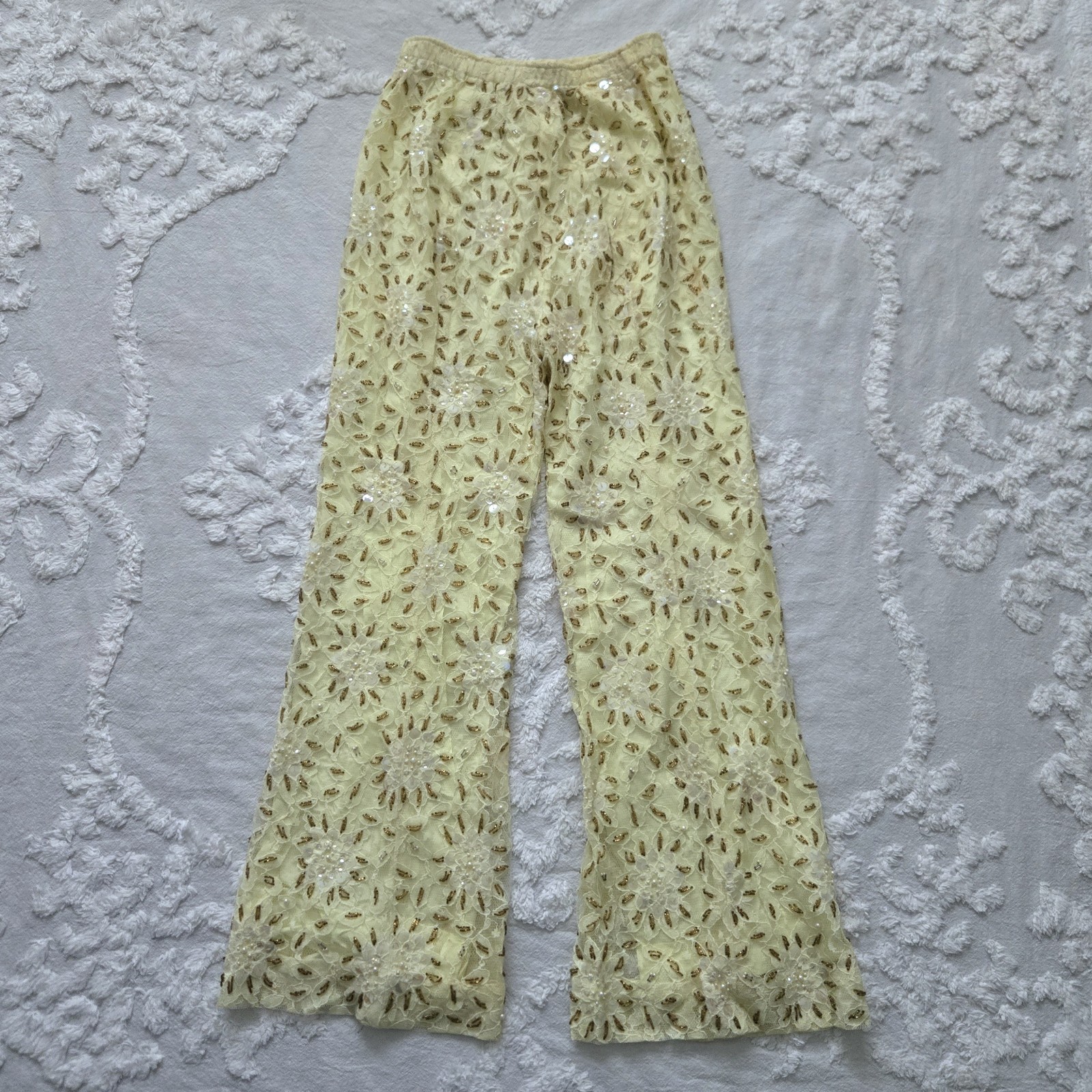 Vtg 60s 70s Beaded Tunic Top & Pants Set, Yellow & Gold, Vacation, S