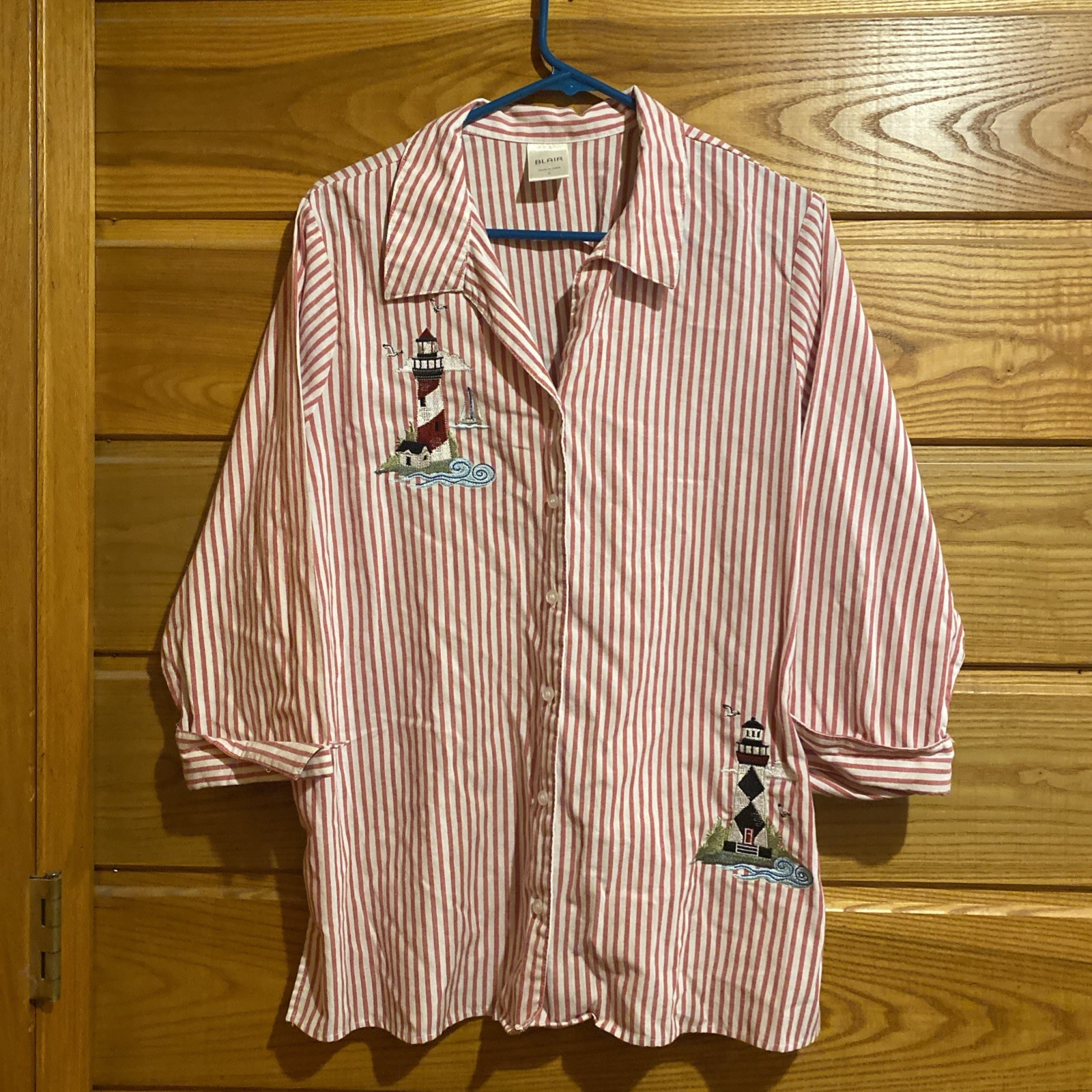 Vintage 80s 90s Blair Shirt Size L Lighthouse Beach Striped Red Nautical Blouse