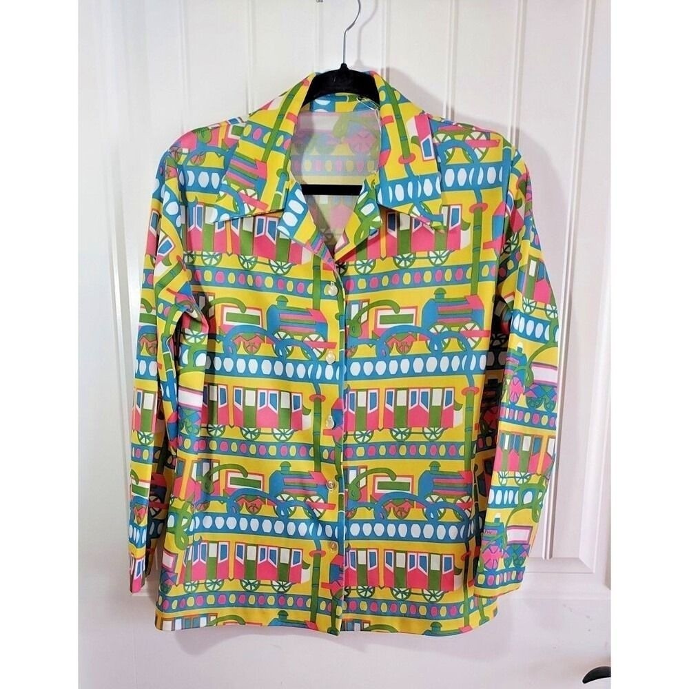 Vtg 70s Novelty Print Blouse Locomotive Train Steam Engine Designer