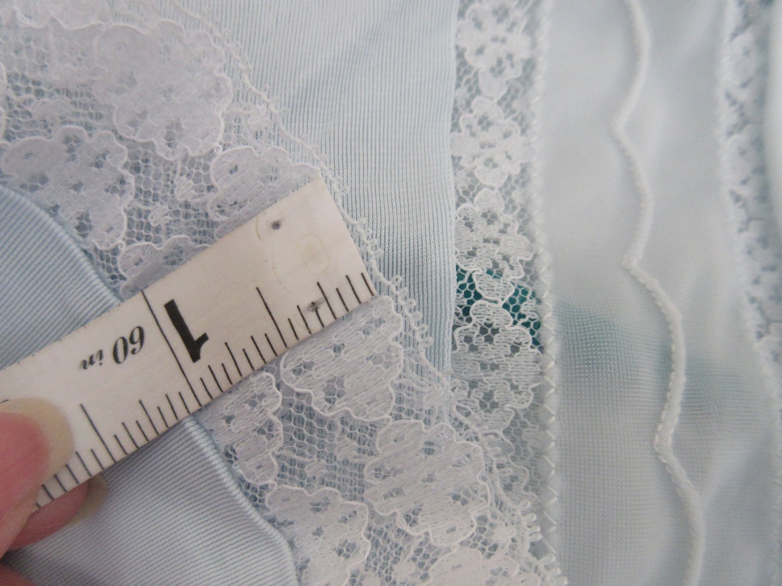1950&rsquo;s BED JACKET LORRAINE Sheer BLUE nylon LACE overlay size MEDIUM 36/38 USA