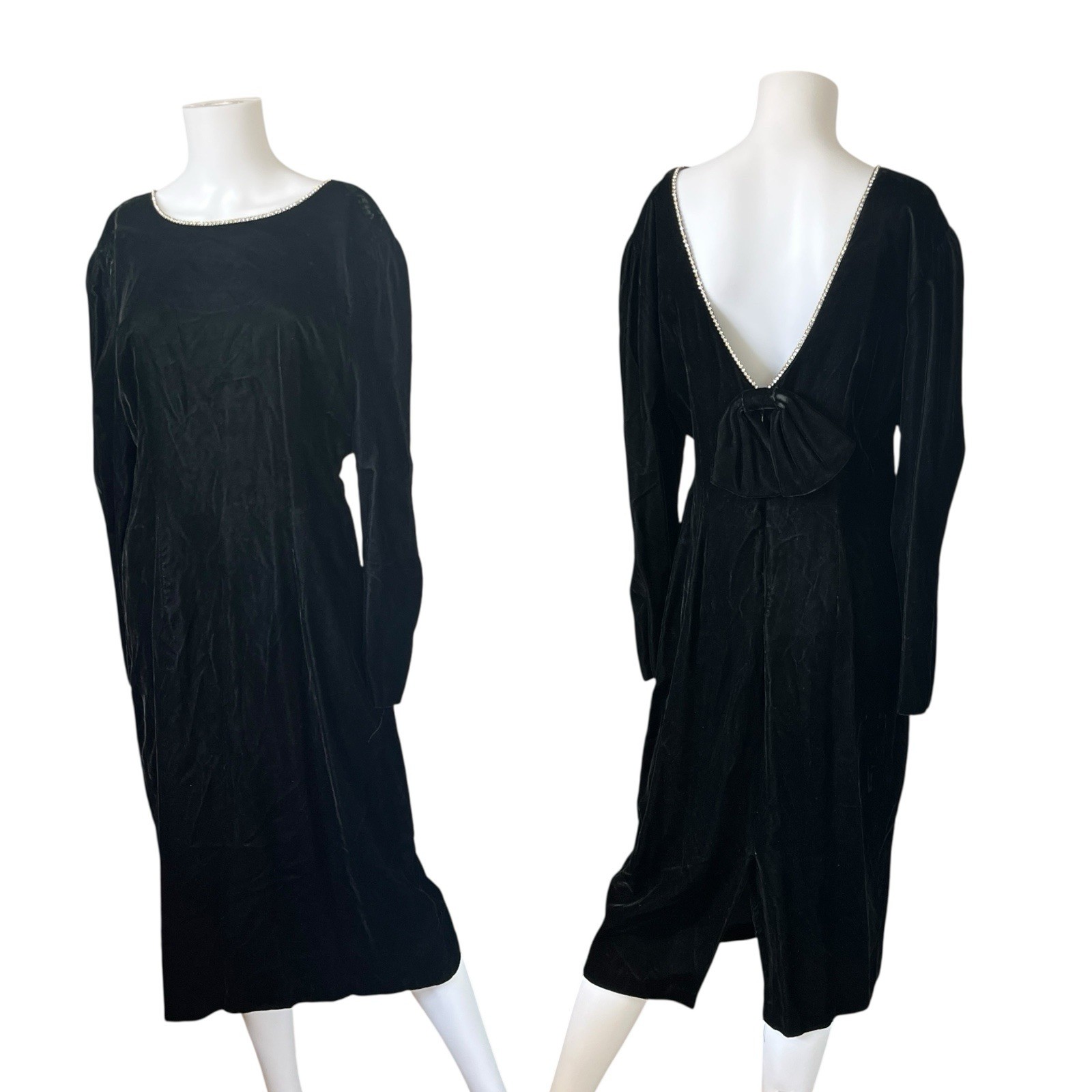Vintage 80s John Roberts Black Velvet Dress Long Sleeve Rhinestone Size 15-16