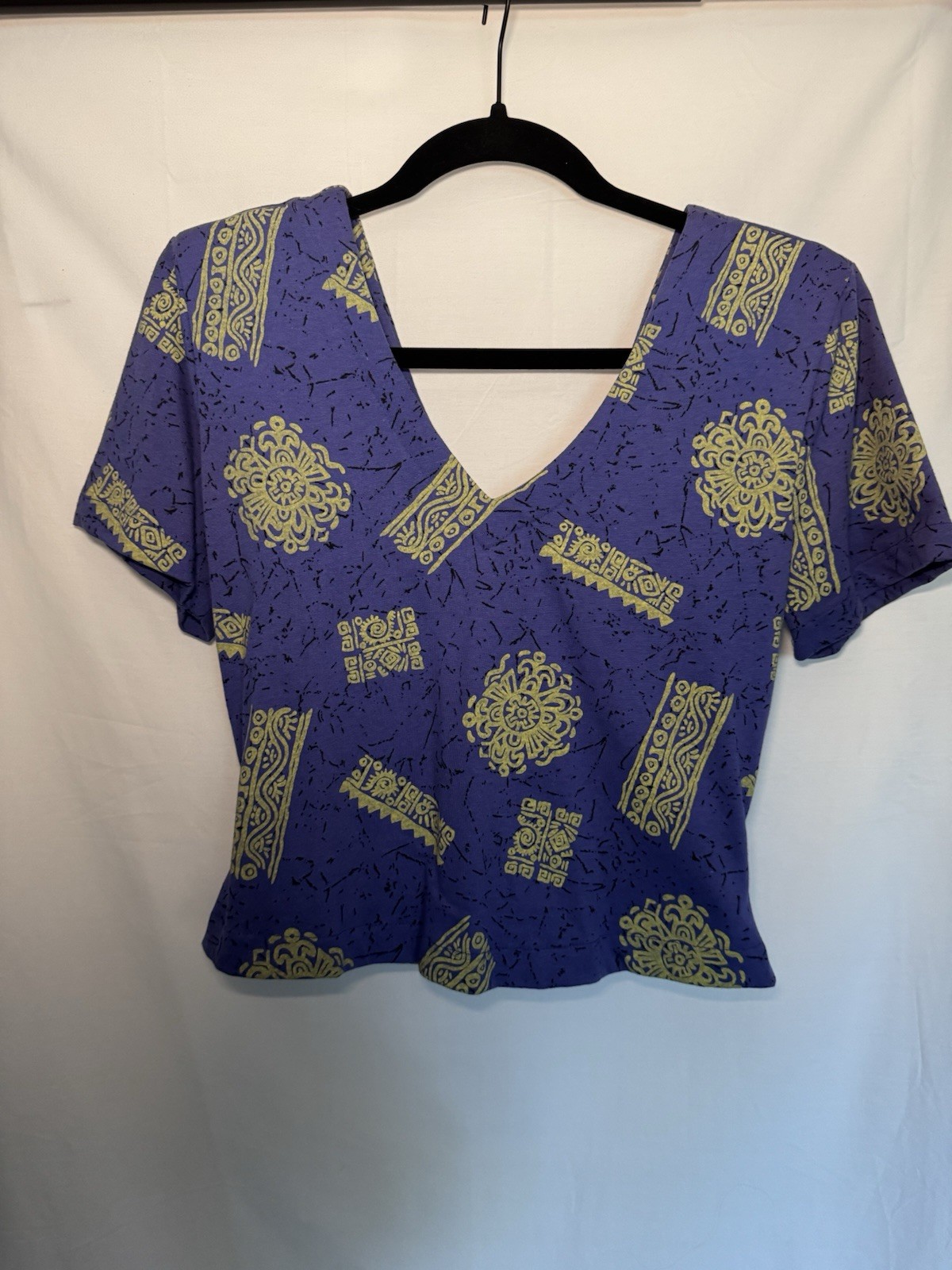 Vintage 90s IN2 Crop Top Womens Small Purple Green Batik Cotton V-Neck Made USA