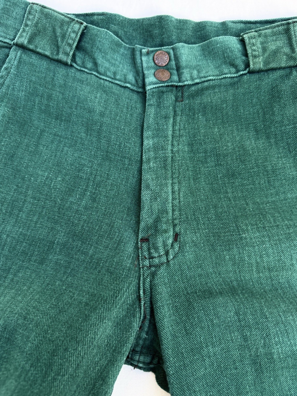 Vintage c1974 Forest Green Flared Pants Jeans Brushed Twill EUC 28” x 43.75”