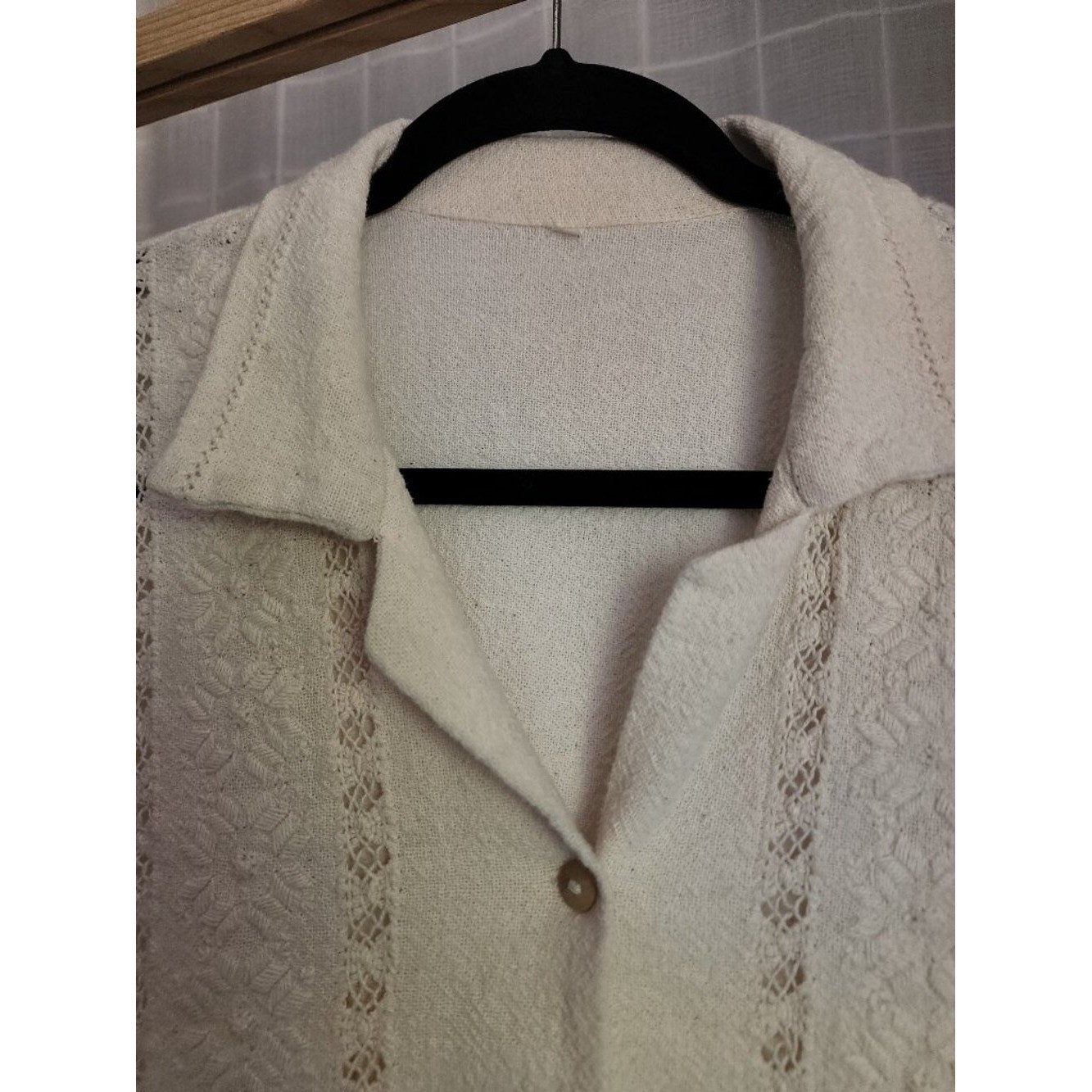 Vintage White Textured Button Front Blouse, Lace Detail, Cottagecore, Size M
