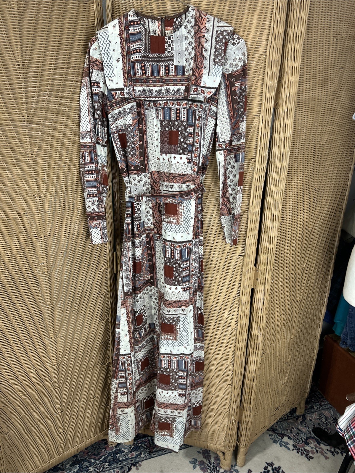 Vintage Patchwork Dress Prairie Removable Collar Homemade Brown Beige Blue
