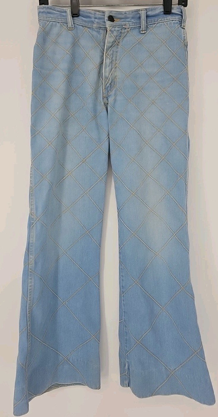 Vintage Brittania Jeans Womens 32L Patchwork Bell Bottom Flare Window Pane 70s