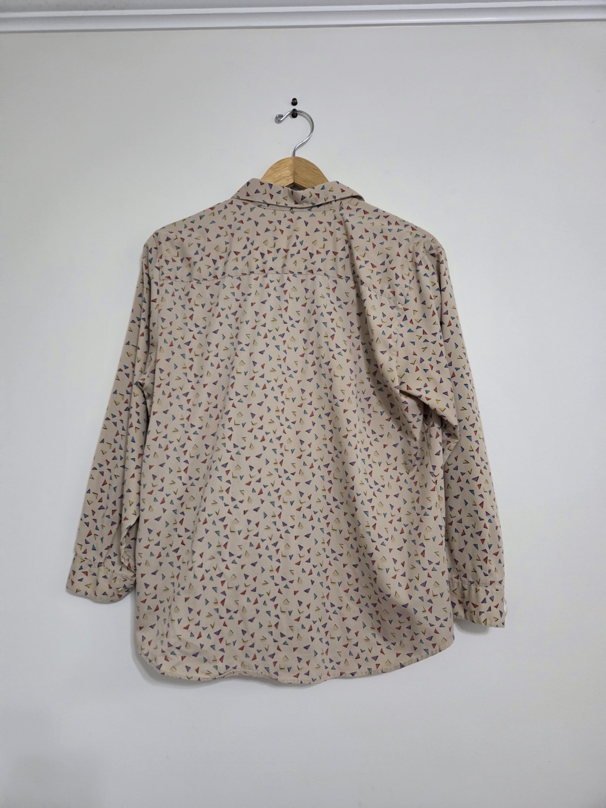 Vintage Just Cristina Button-Up Beige Tan Shirt With Multicolor Triangles Size M