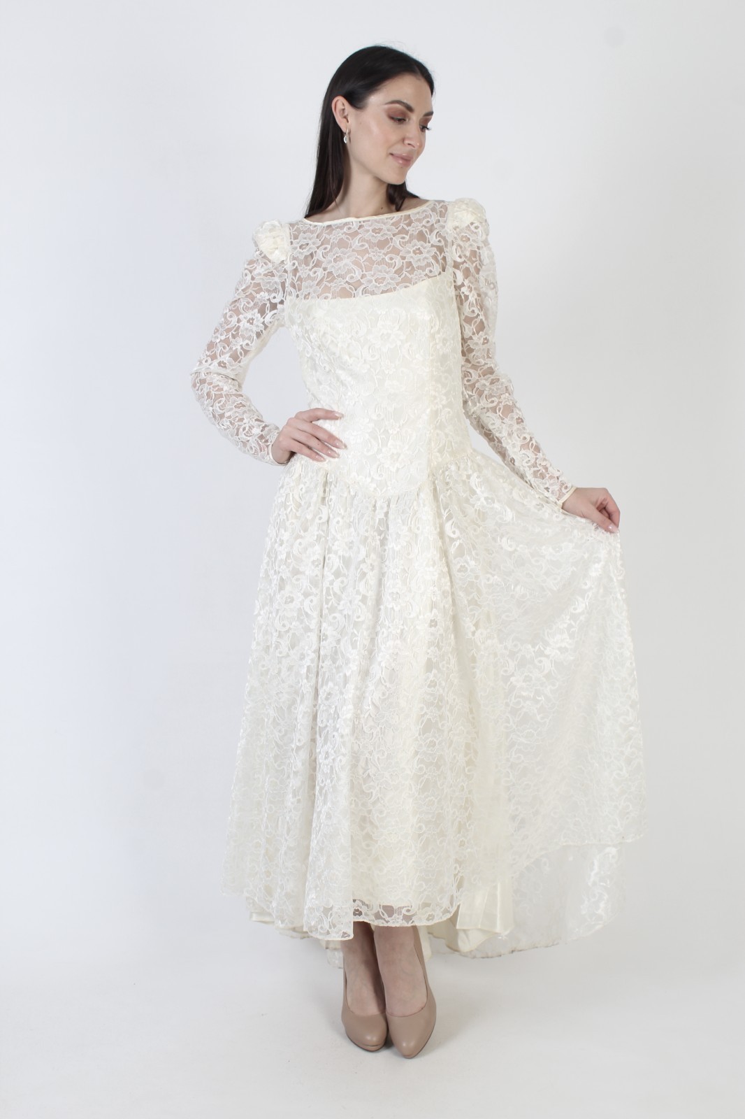 Vtg Alfred Angelo Asymmetrical Wedding Dress Victorian Cream Bridal Prom Gown