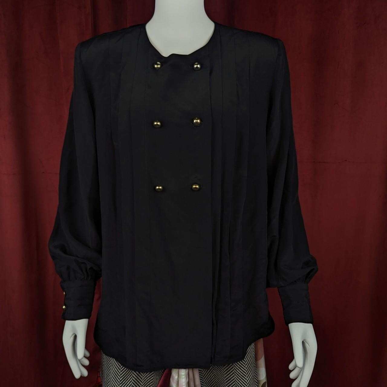 Vintage 80&rsquo;s Flora Kung New York Black 100% Silk Double Breasted Gold Button Top