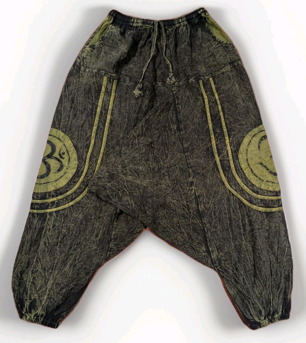 Vintage Kharmic Chameleon Harem Pants Black Green Acid Wash Festival Boho