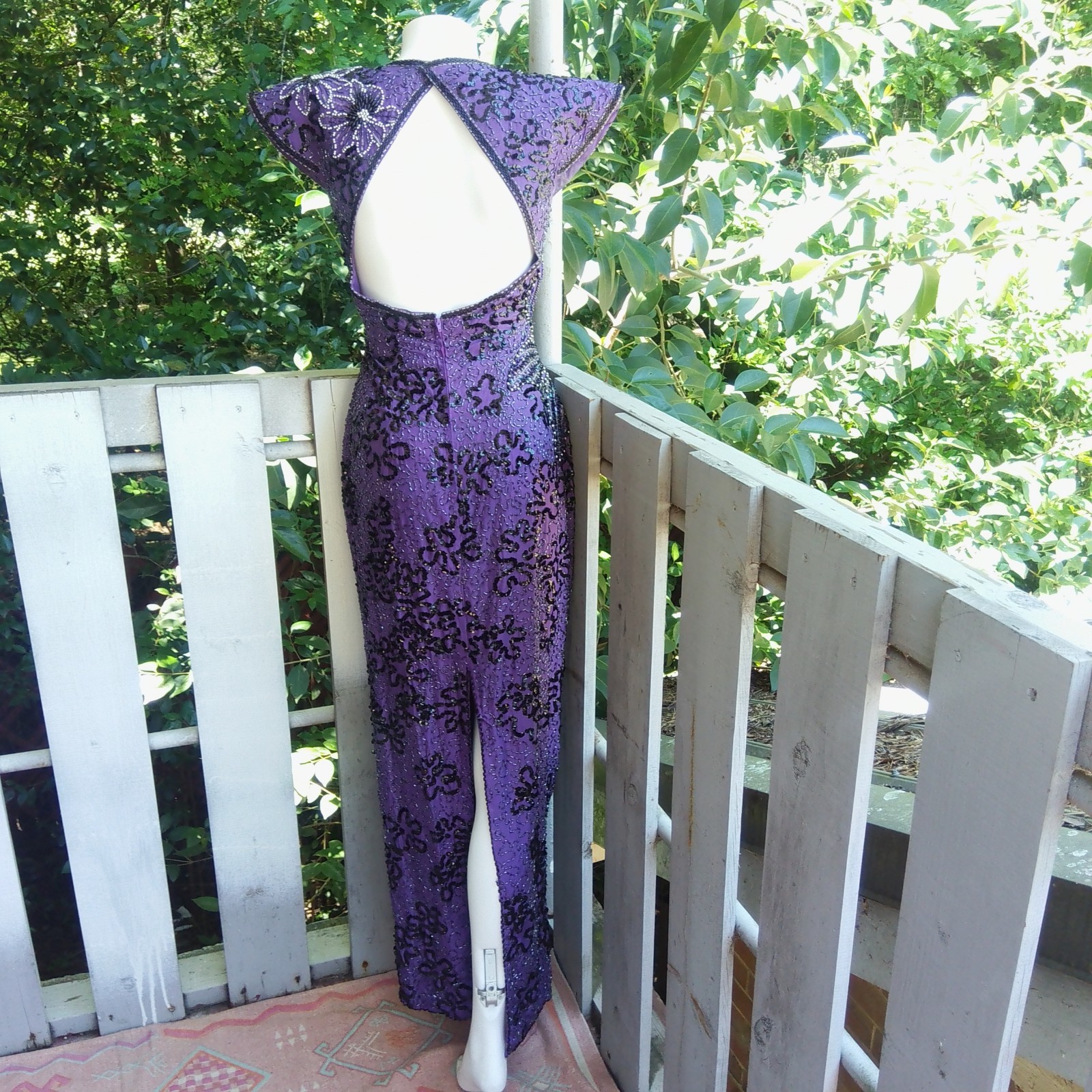 Vintage 80s Sequin Beaded Silk Purple Evening Dress Gown