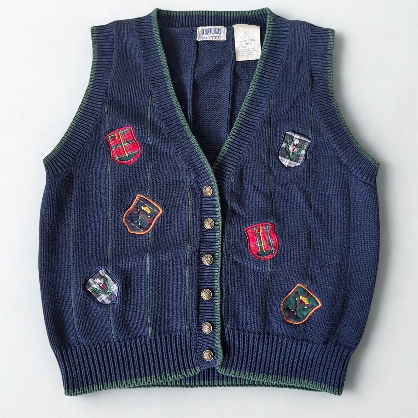 Vintage Line-Up Golf Sweater Vest Womens Small Navy Green Cotton Preppy Golfcore