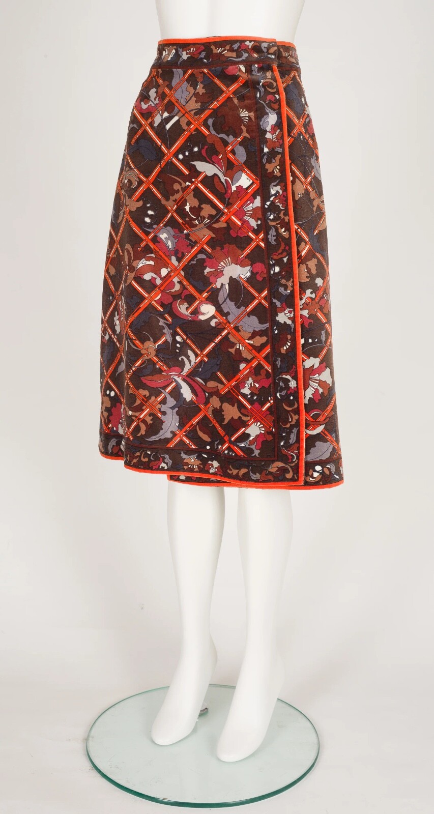 Emilio Pucci 1970s Vintage Floral Print Brown Cotton Velvet Wrap Skirt Sz S 28w