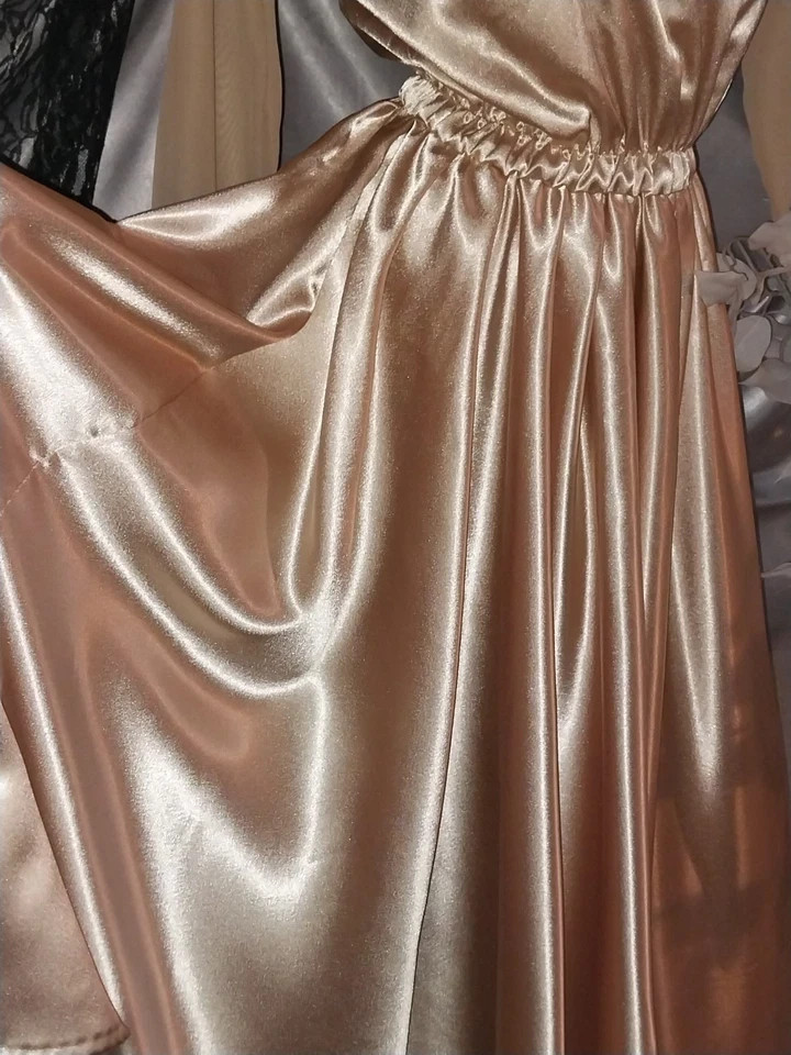 VTG REAL SATIN GOLD LAME 400&Prime; SWEEP 40S STYLE Wedding EVENING MAXI GLAM Dress 38