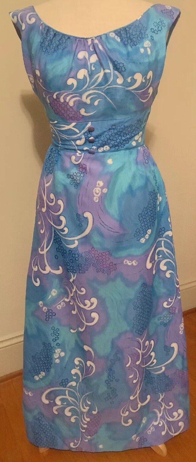 Lovely Vintage Sun Fashions Hawaiian Long Dress Blues/Lavendar Acetate XS