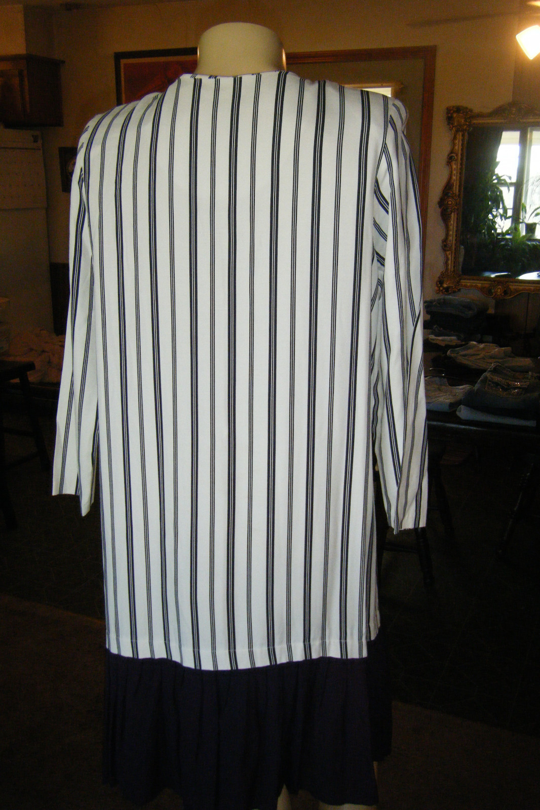 Vintage RISA ANN New York FLAPPER Drop Waist Pinstripe DRESS Blue & Cream sz 14