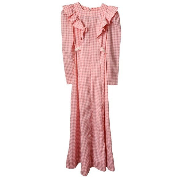 VINTAGE handmade 70&rsquo;s Gingham Ruffle Dress in Pink White Daisy Belt