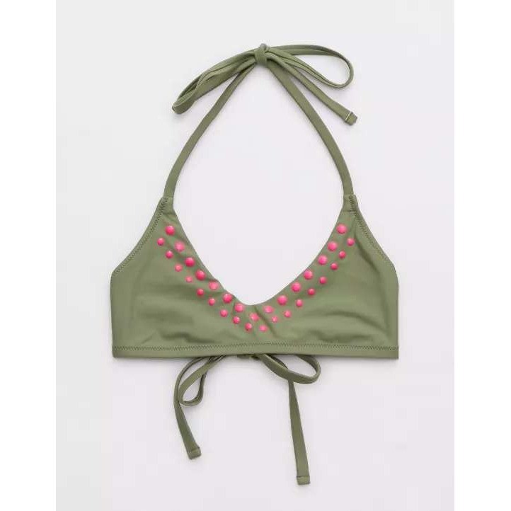 Aerie Voop Bikini Top Medium Olive Pink Stud Halter Swim NWOT