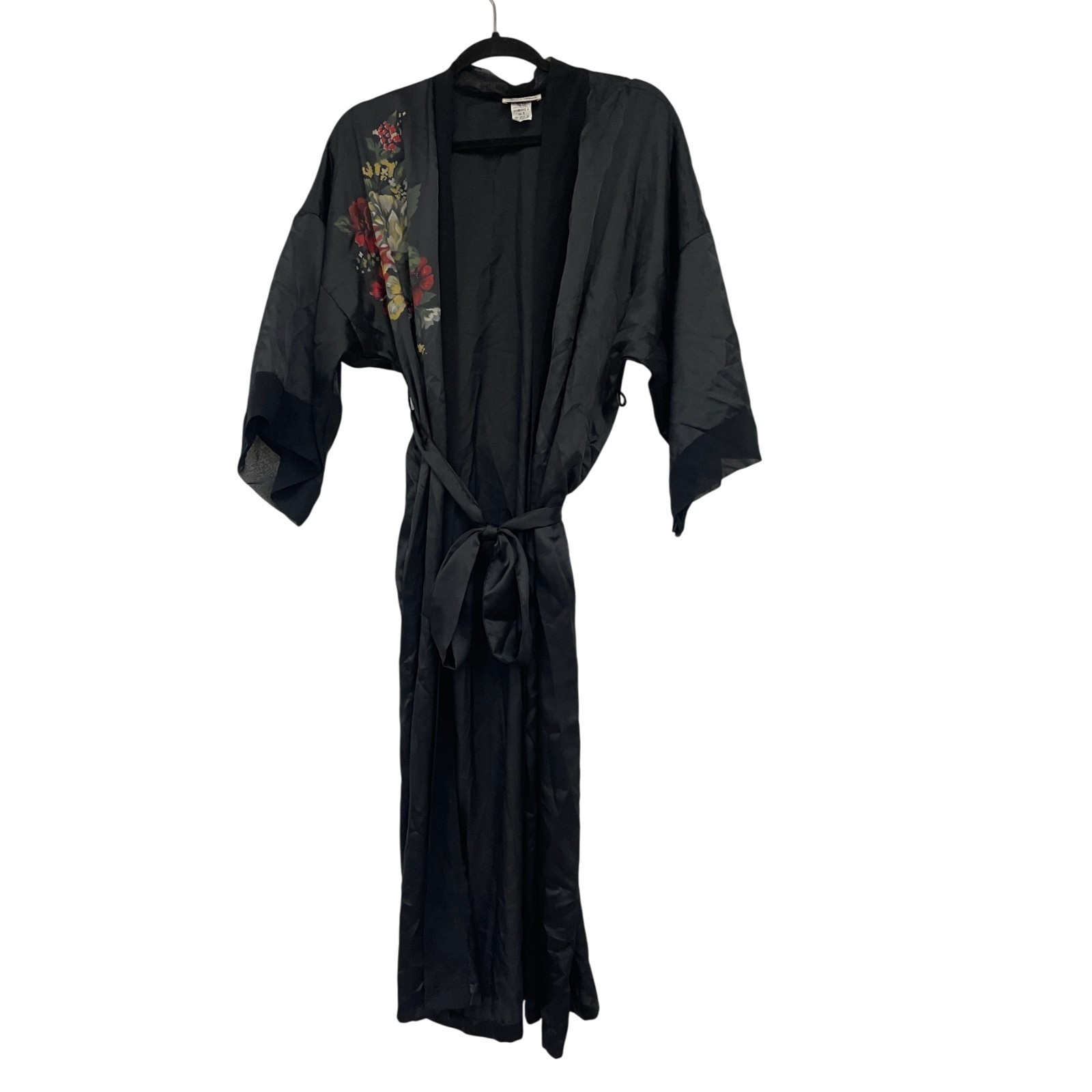 Vintage 70s Miss Dior Womens Robe Small S Black Floral Polyester Kimono Sleeves