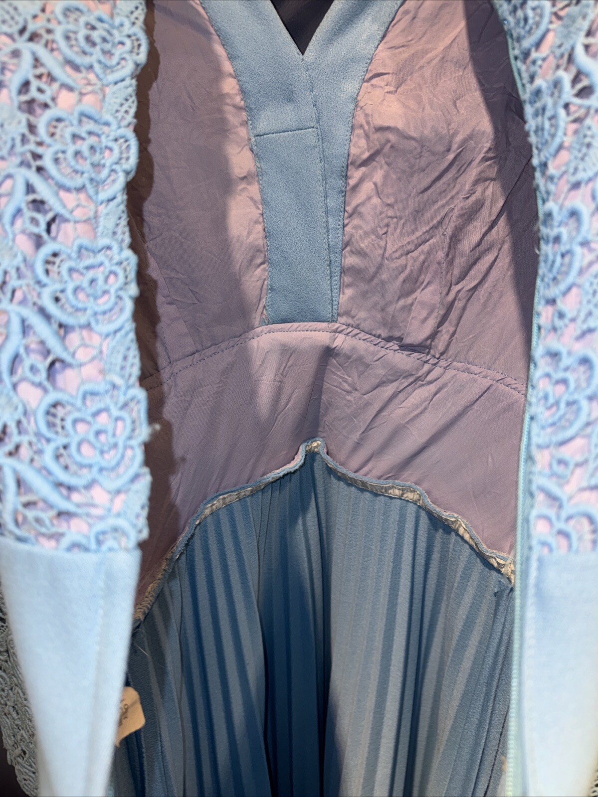 Small 1960 Long Party Dress, Needlework Lace, Blue Lined, Pleated Skirt, USA