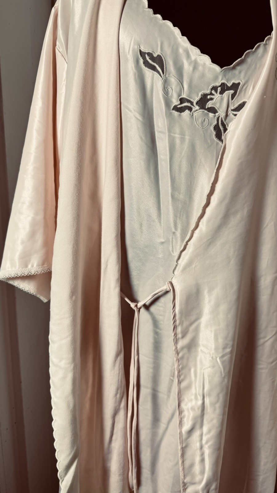 Vintage Barbizon Peach Robe & Nightgown Set NWT L Satin Lace Trim 80s Boudoir