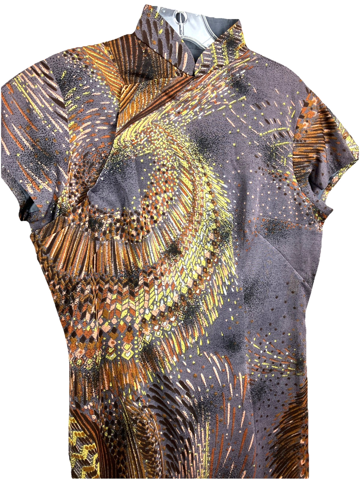 Vintage 60s 70s Qipao Abstract Feather Silk Dress Cheongsam Custom Chinese