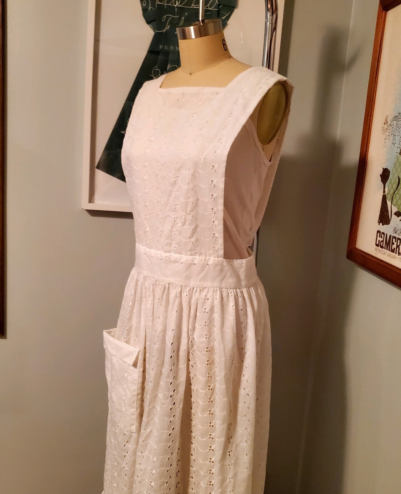 Vintage Home-made White Cotton Eyelet Pinafore Dress/Ankle Length Apron