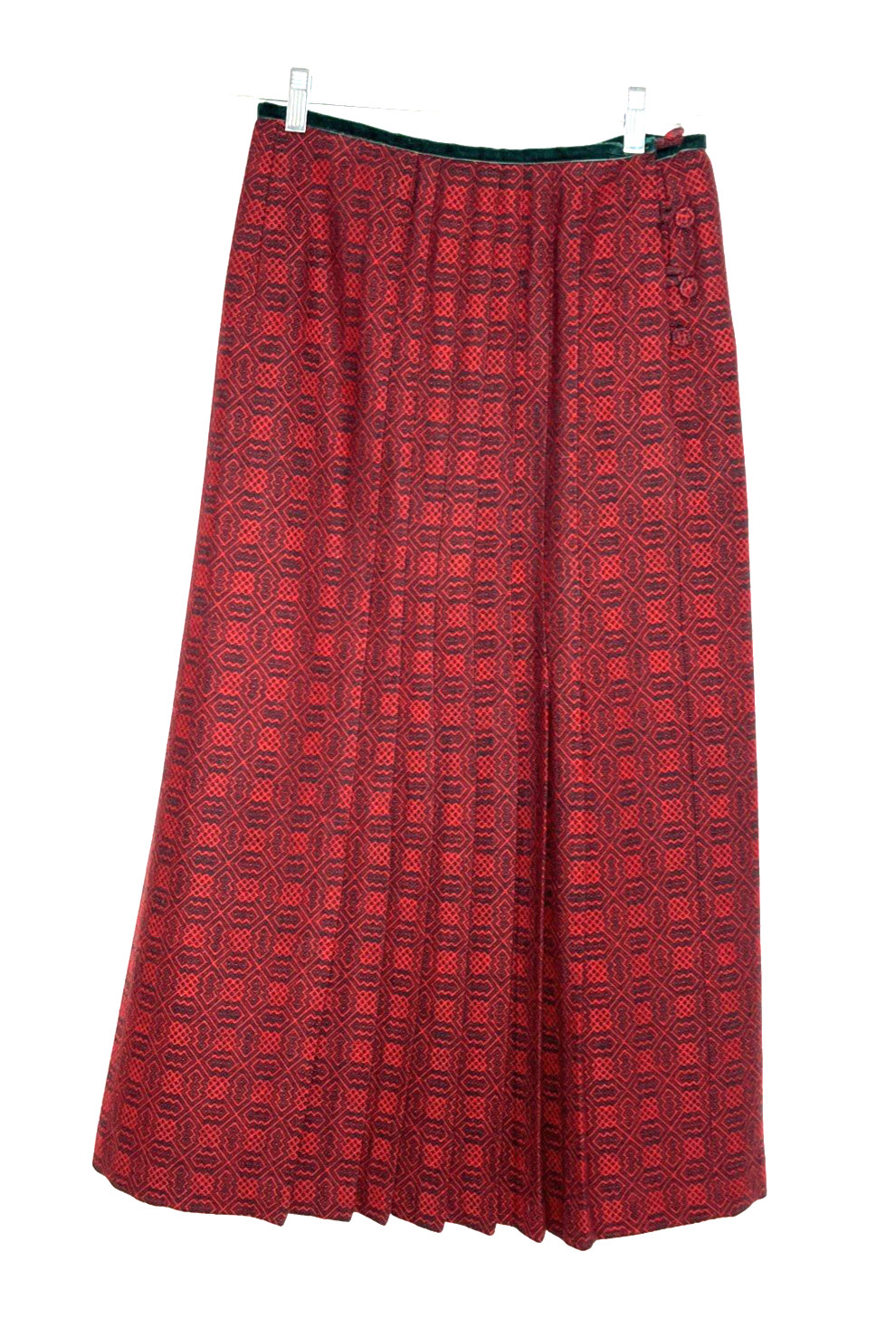 Vintage Cullinane Holiday Red Green Long Wool Pleated Skirt w/Velvet Trim Sz. 12