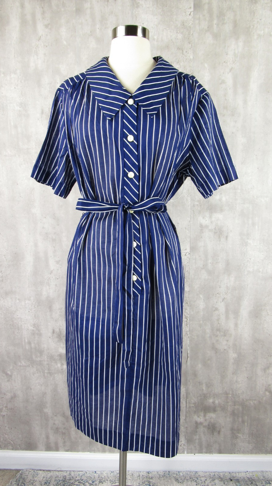 Vintage 40s 50s NEW NOS Blue White Striped Cotton Shirtdress Belted XL Bust 50&Prime;