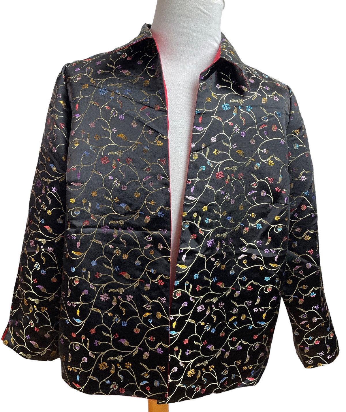 Women&rsquo;s Chinese Silk Reversible Embroidered Jacket Black Rust Open Front Large
