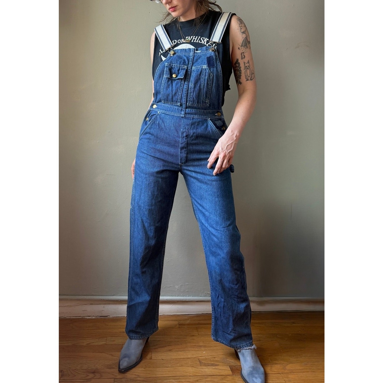 Vintage 70s Carters Denim Overalls | Patched Workwear Carpenter Coveralls | 28&Prime;