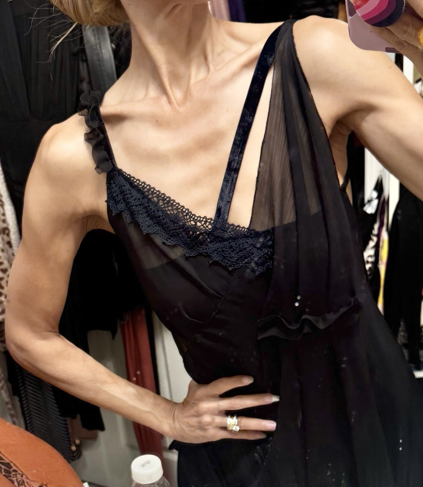 Vtg LBD France Grecian Asymmetric Draped Dress Avant Garde Plunge Strappy XS S
