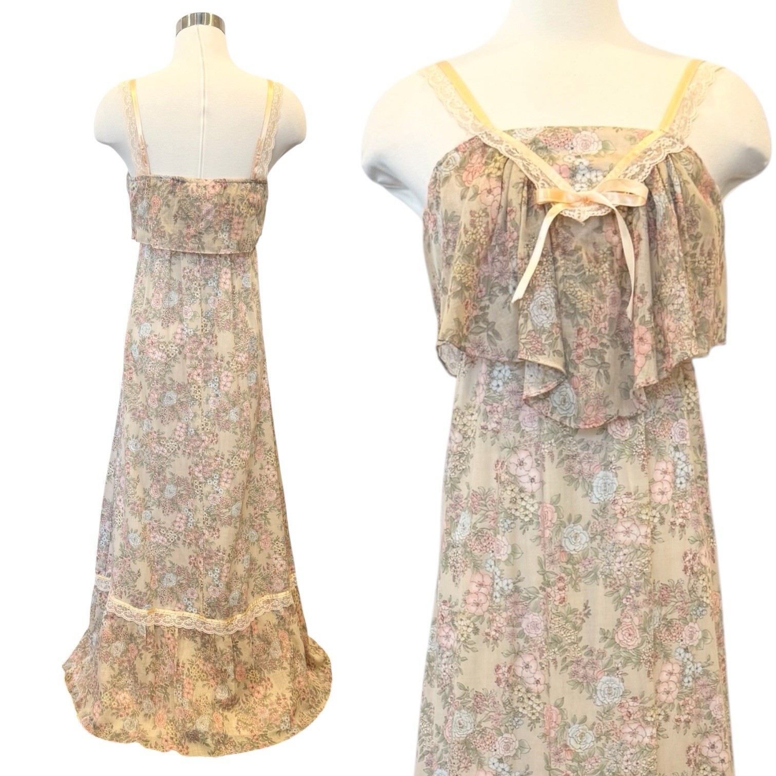 Vintage Wild Honey 70s Prairie Peasant Floral Print Boho Maxi Gown Dress