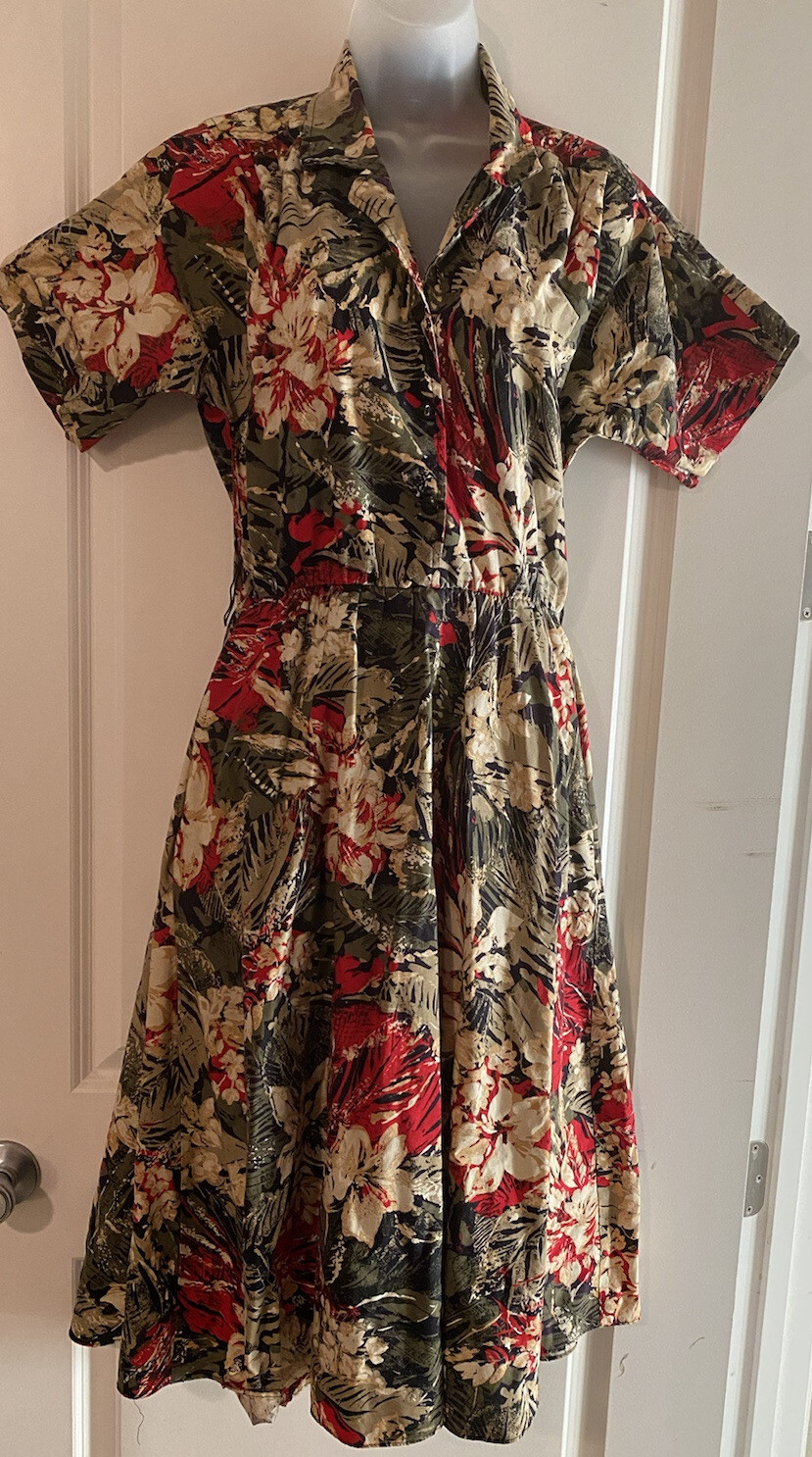 Stuart Alan Vintage Safari Print 1980s does 50s Dress Medium Pockets Made In USA