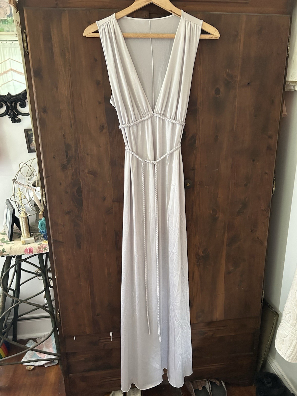 Vintage 70s Vanity Fair Goddess Nylon Empire Maxi Lingerie Gown 36 Lilac Gray