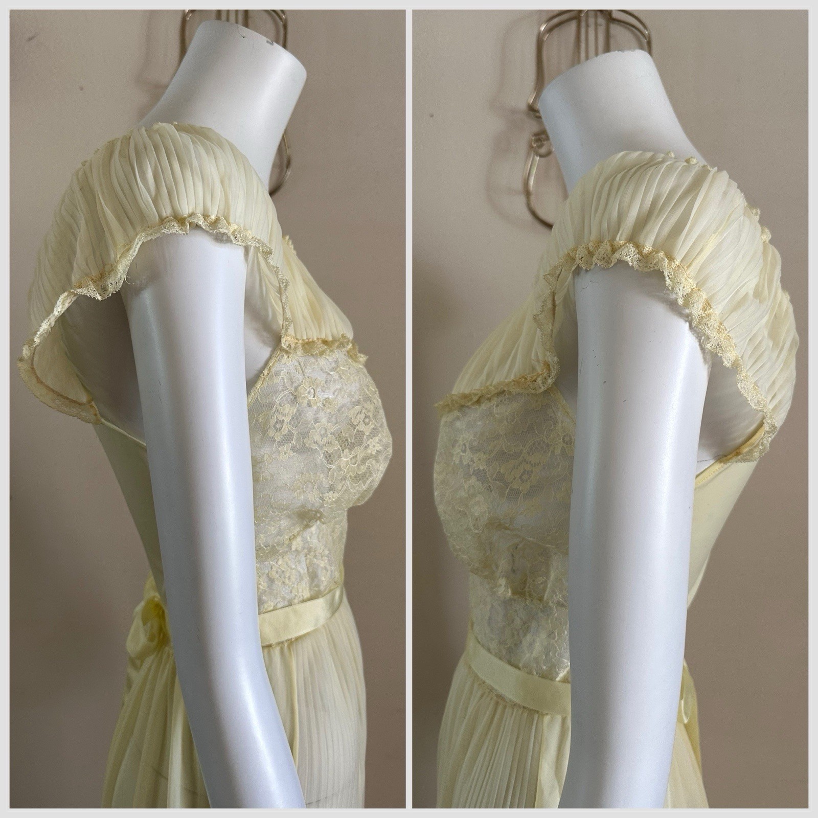 1970s Edwards Yellow Lace Nylon Gown Pleated Prairie Romantic Maxi Dress VTG
