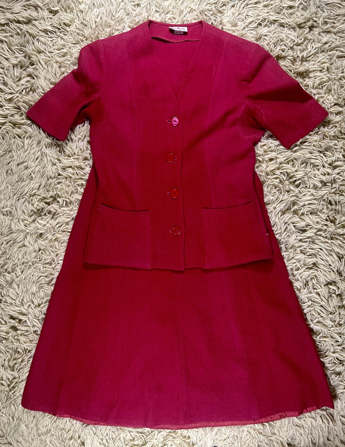 Vintage 1950s Red Suit Dress Set Blazer Jacket with Skirt / Women’s Large *
