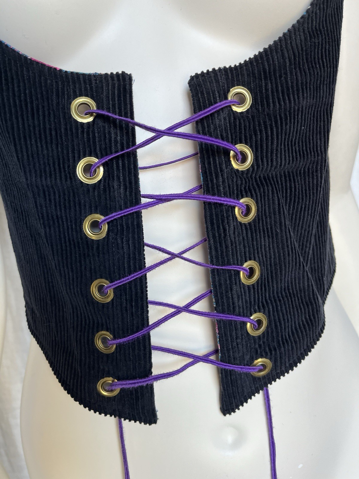 Vintage 70s Corset Vest Underbust Waistcoat Handmade Reversible Goth Festival S