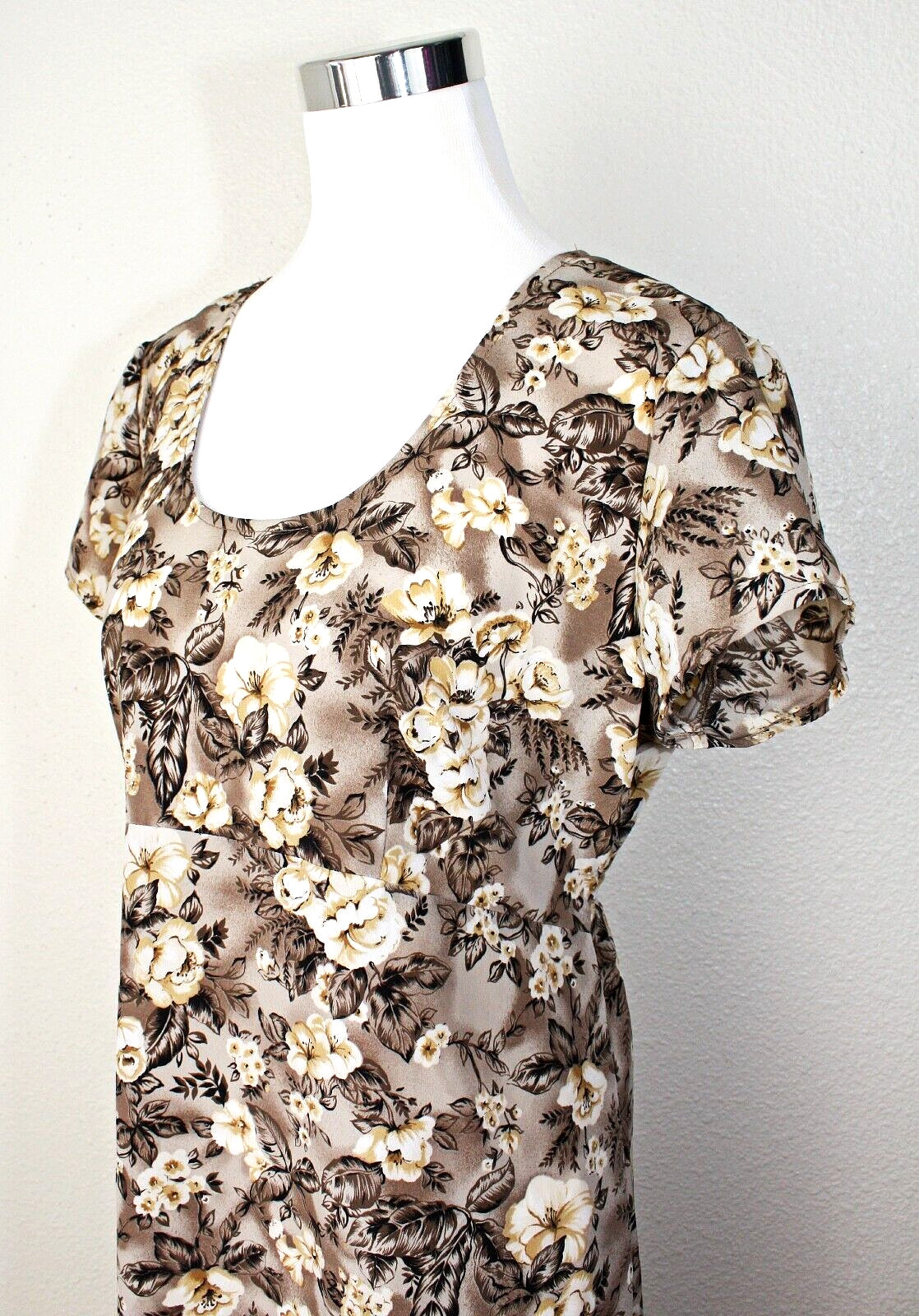 VTG ALL THAT JASS Maxi Dress Sz 13 / 14 Brown Cream Roses Short Sl. Babydoll #03