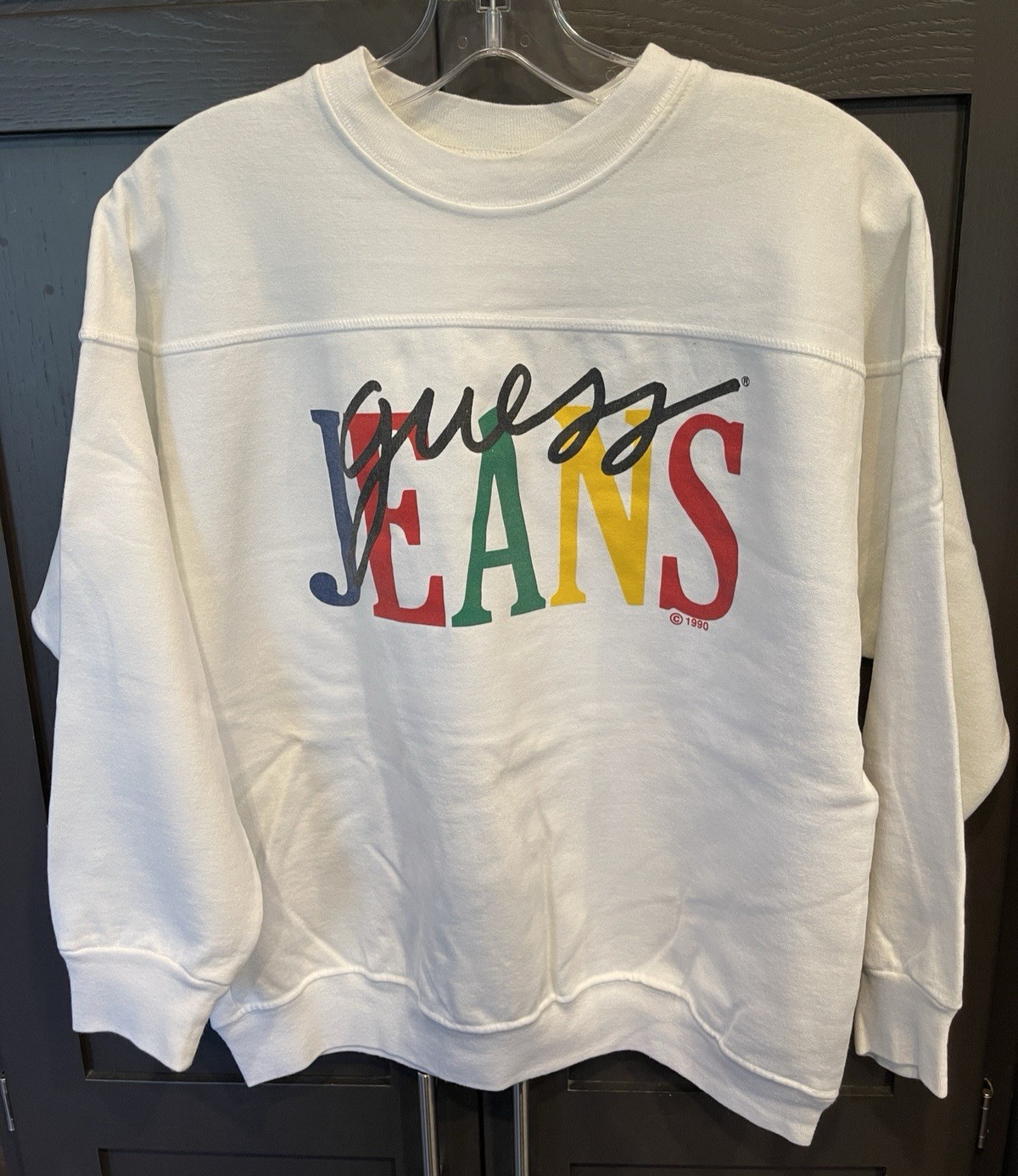 Vintage 1990 Guess Jeans Logo White Shirtshirt Crew Rainbow Letter Logo L Women